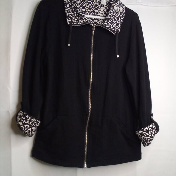 Weekends by Chico's Jacket Women 2 L Full Zip Pockets Roll Tab Sleeve Black - Picture 2 of 16